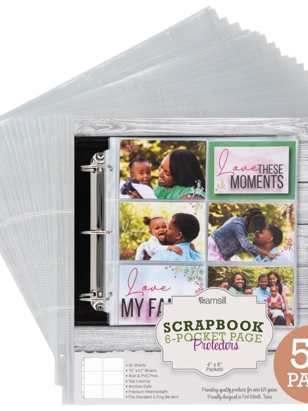Scrapbook 6 Pocket Refill Pages 12x12 Inch, 50 Pack, Fits 3 Ring Scrapbook Binde